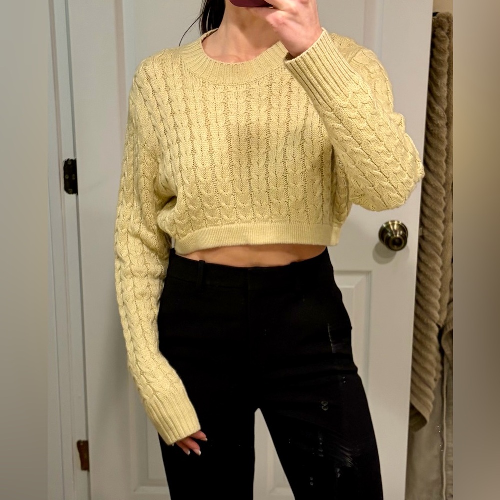 WeWoreWhat Cropped Cable Knit Sweater in Pale Yellow